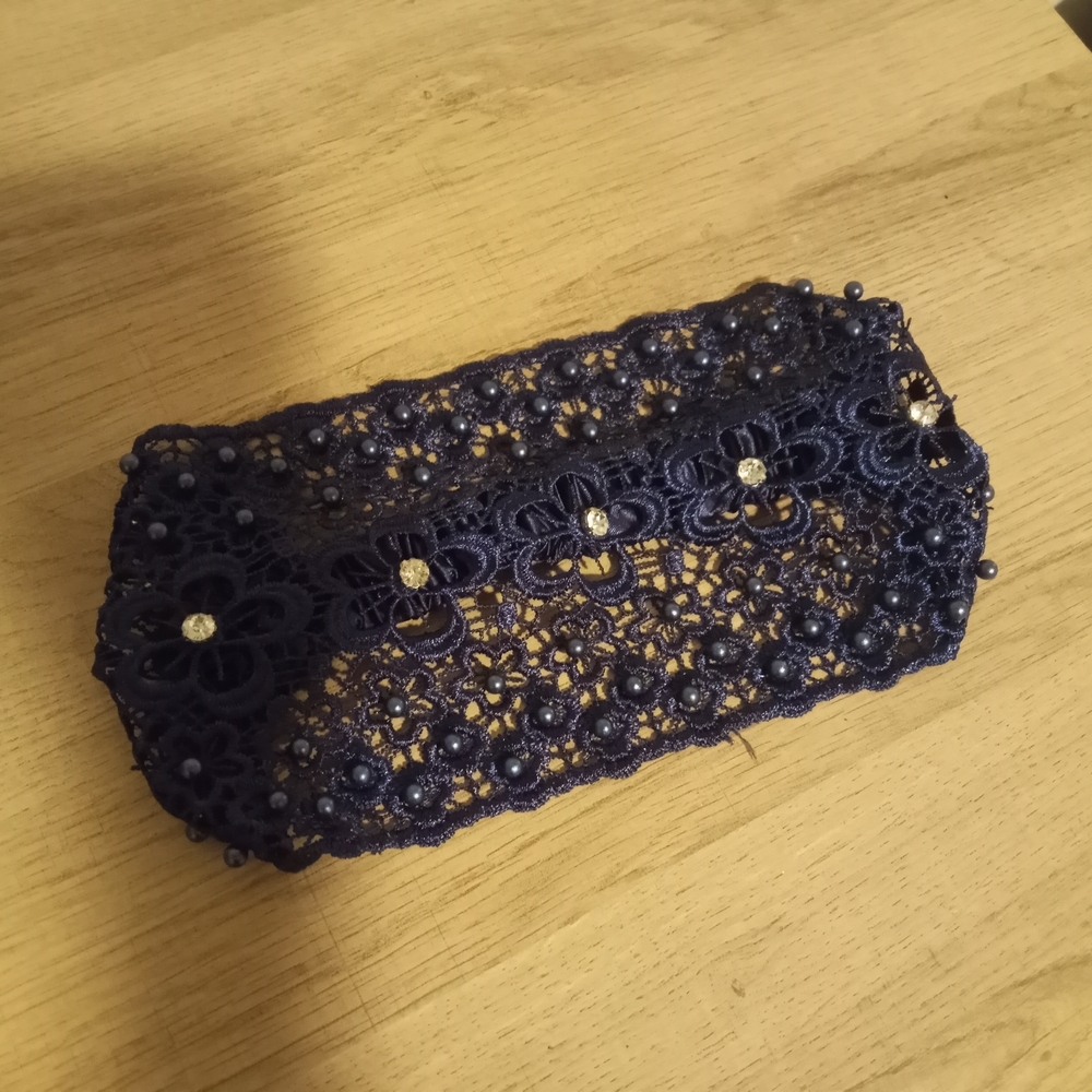 Navy Lace Beaded Headband